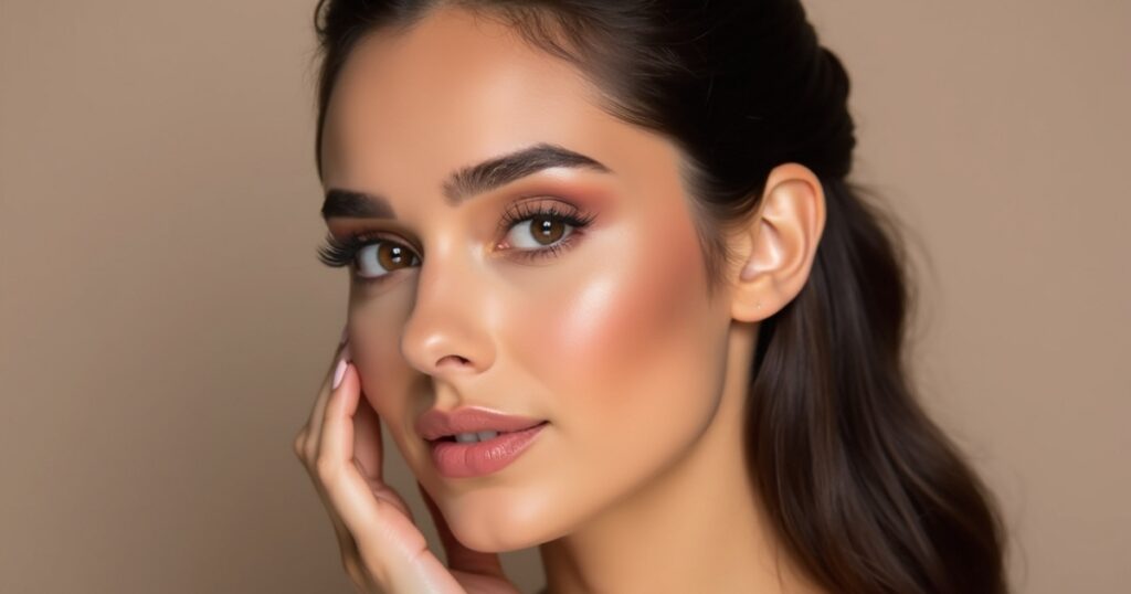a close-up portrait of a woman with flawless, glowing skin and well-defined facial features